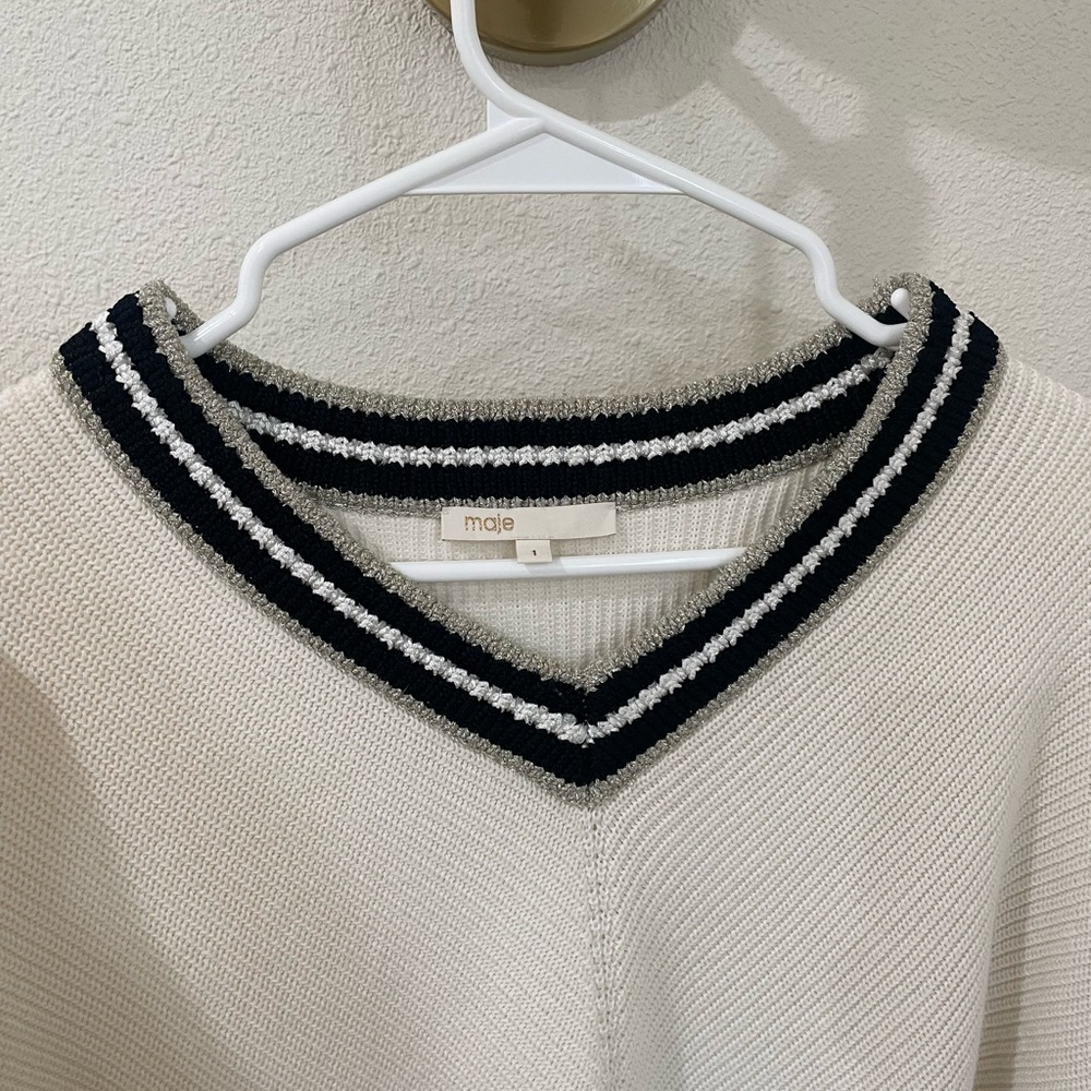 Maje White V-Neck Sweater with Black Sparkly Trim - Picture 3 of 9